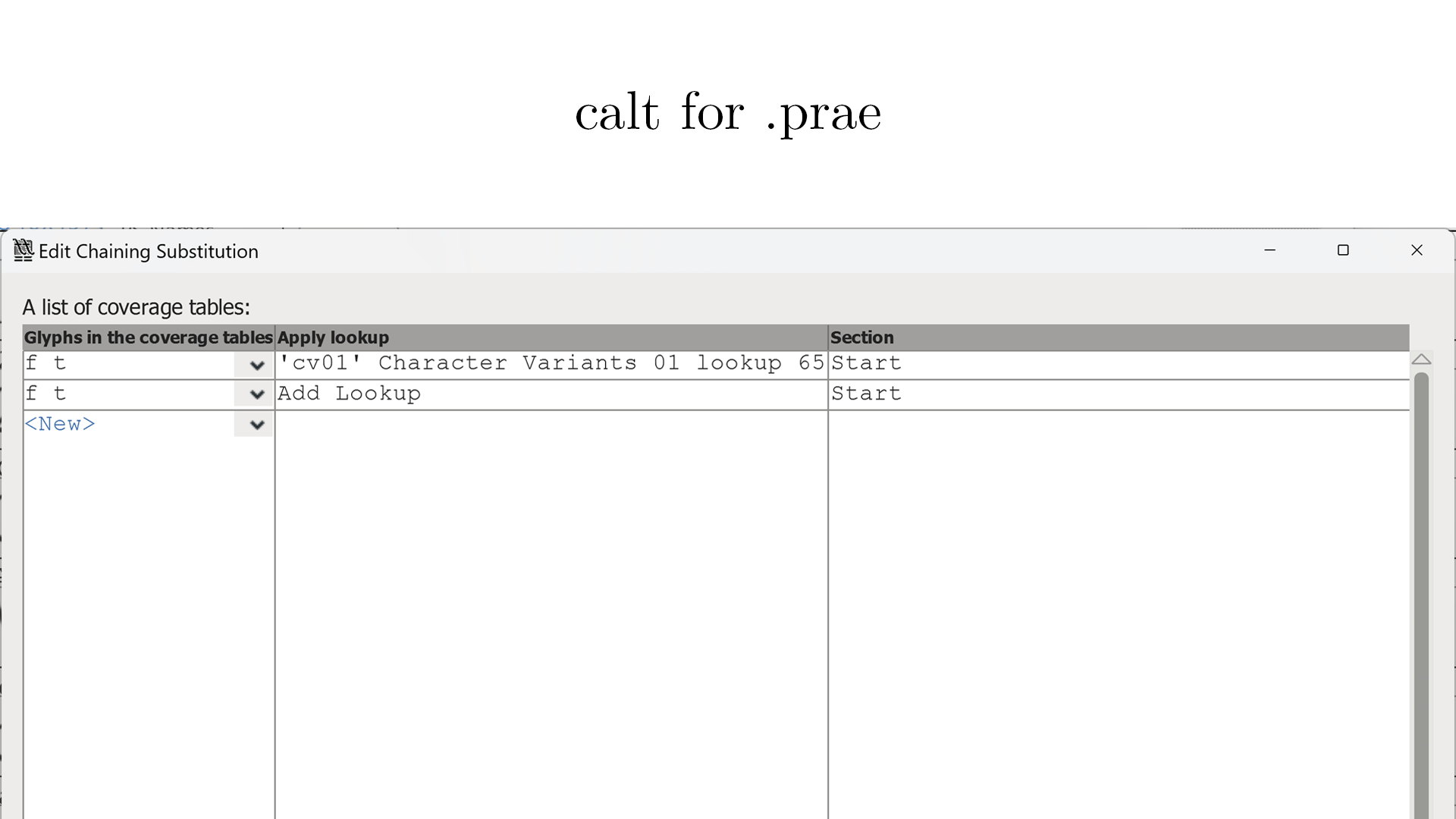 Lookup of calt for .prae